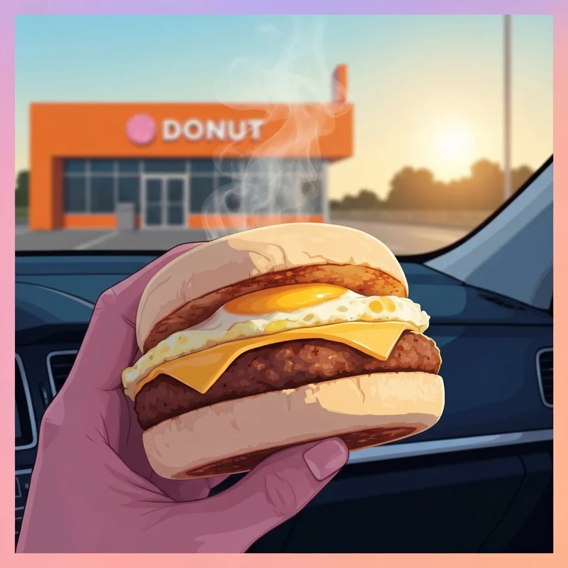 A close-up of a warm dunkin sausage egg and cheese on an English muffin held during a morning commute.