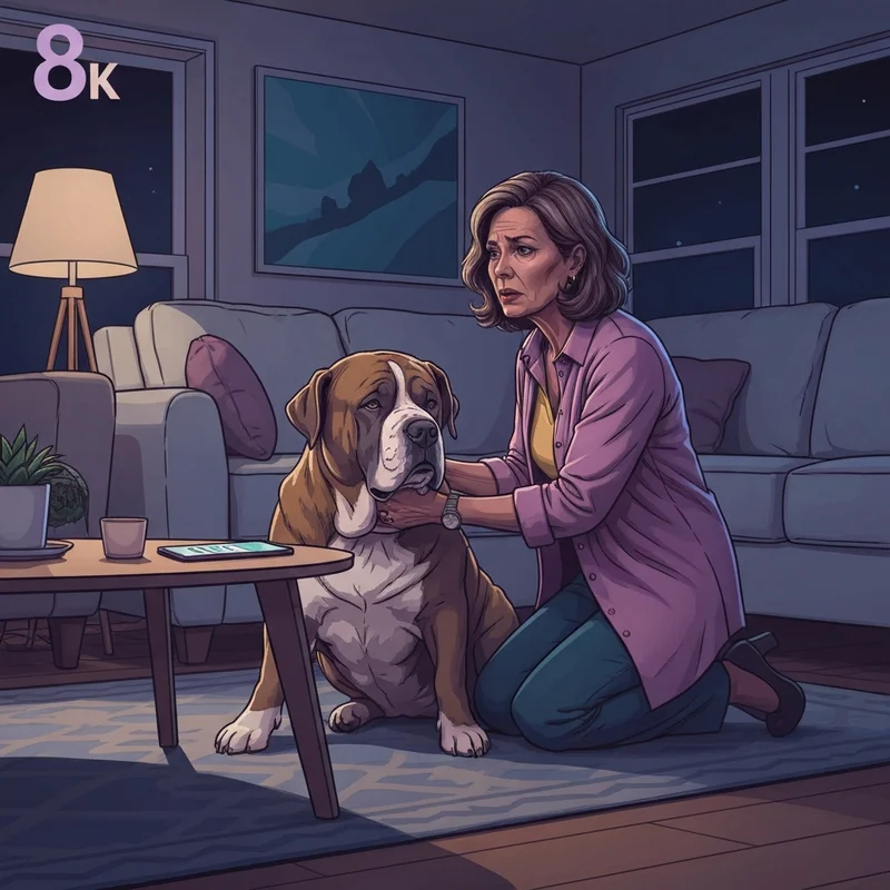A concerned pet owner monitoring her large dog for symptoms of bloat in dogs during a late-night emergency.