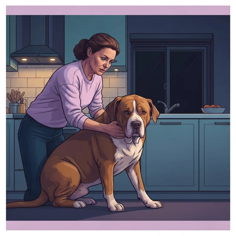 A concerned pet owner checking their dog for symptoms of bloat in dogs in a kitchen at night.