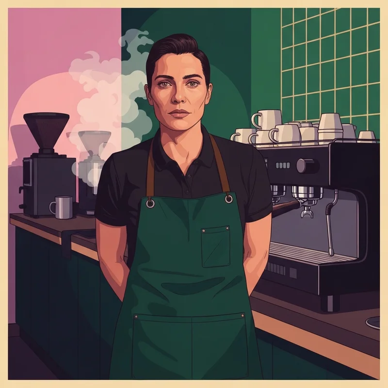 A confident barista wearing official starbucks coffeegear in a modern coffee shop setting.