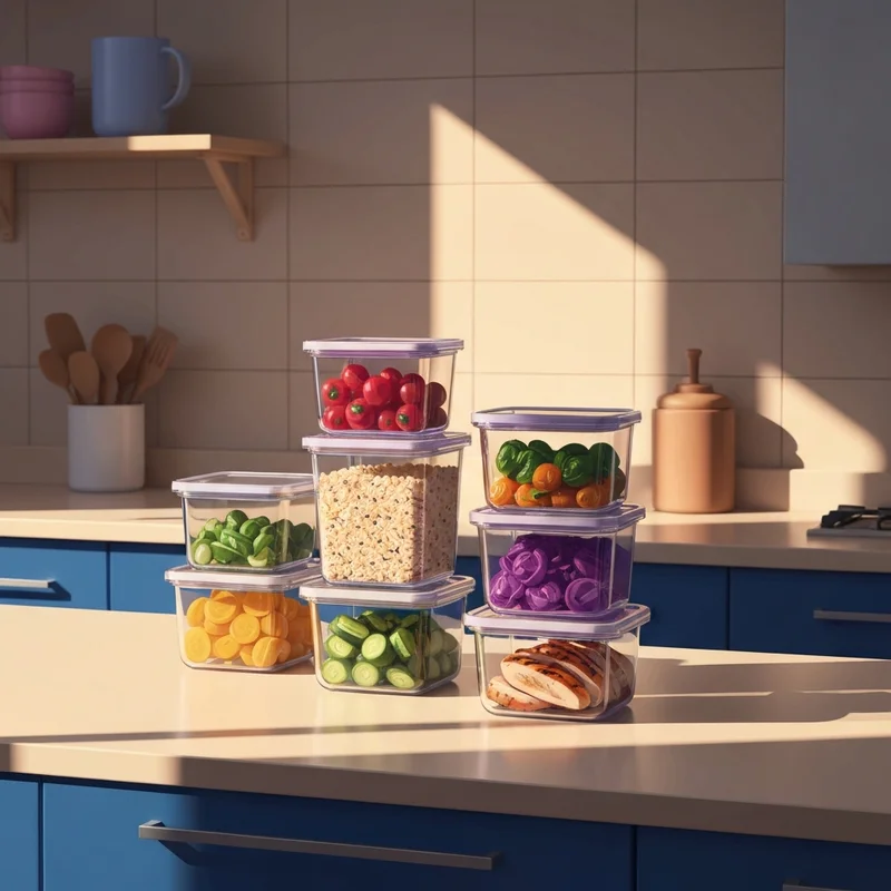 Aesthetic glass containers for a perfect meal prep lunch on a sunny kitchen counter.