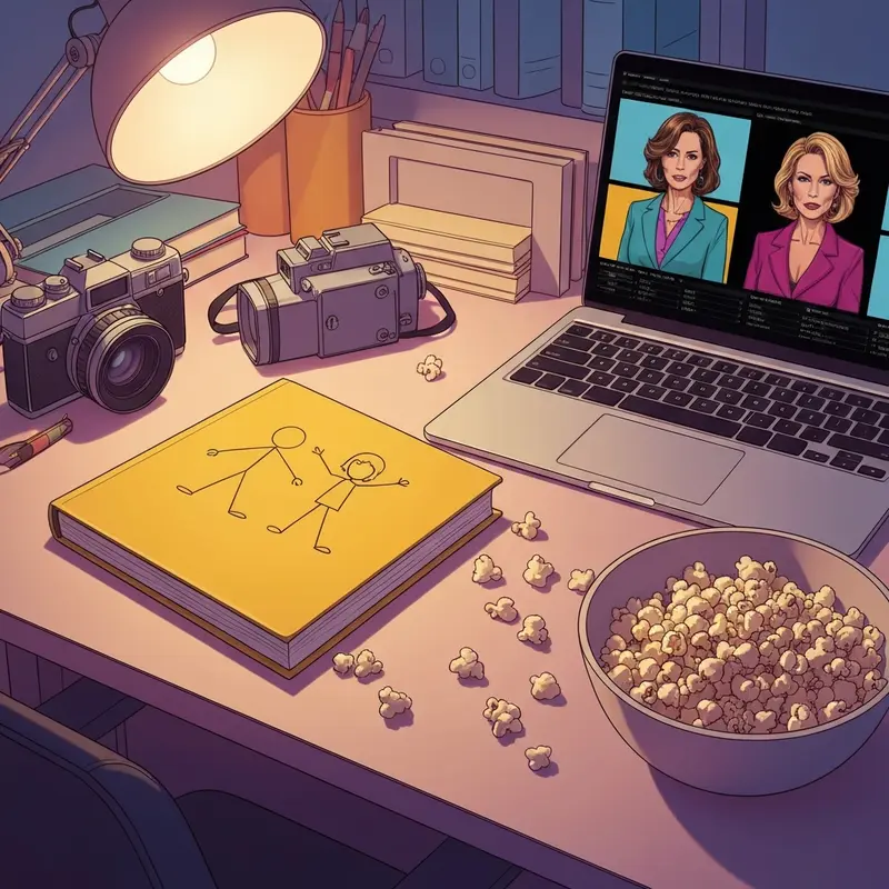 A nostalgic 2010s desk scene featuring the wimpy kid movie diary and film production equipment.