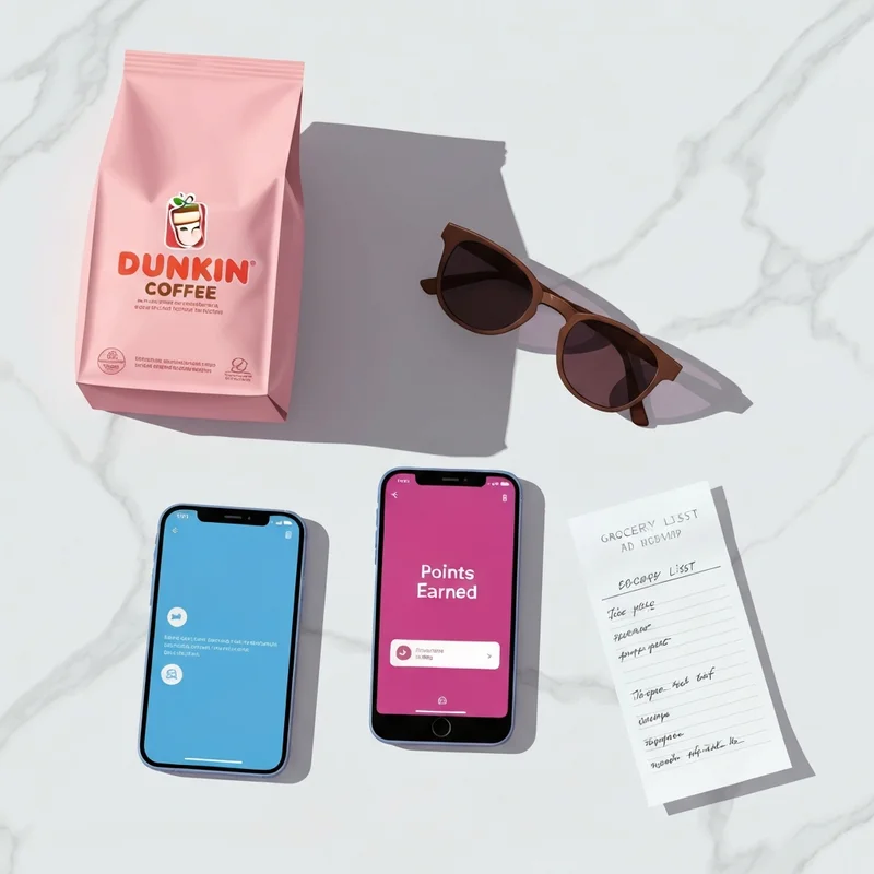A modern lifestyle flat-lay showing how to use dunkin at home extras with a smartphone and grocery receipt.