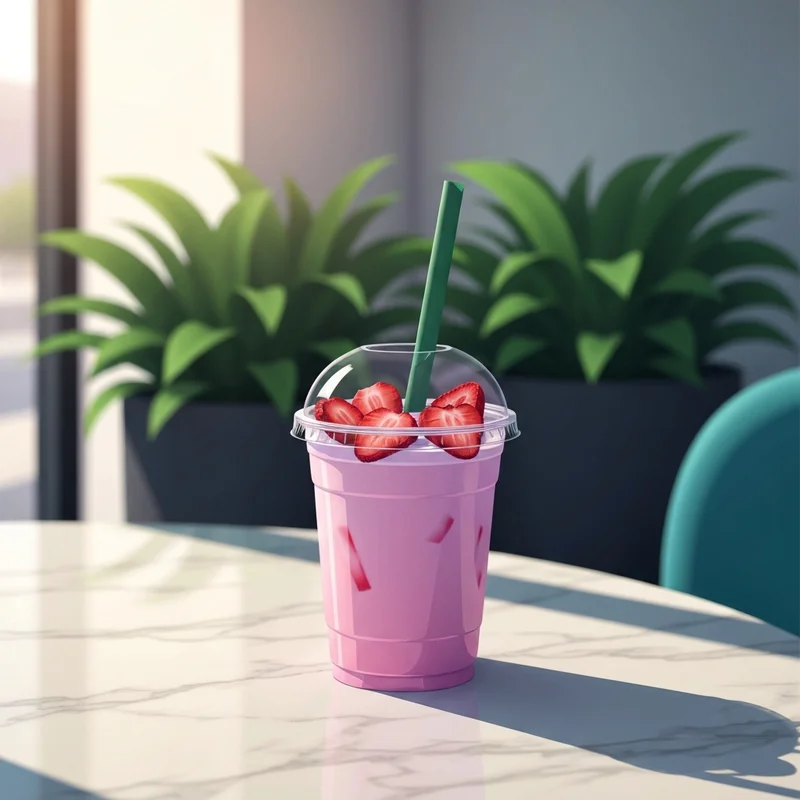 A close up of a Starbucks beverage to answer does the pink drink at starbucks have caffeine with strawberries and coconut milk.