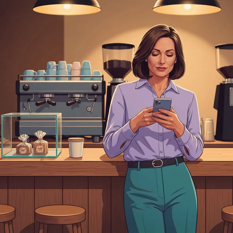 A wellness-conscious professional reviewing the starbucks gluten free menu on her phone while waiting in a modern cafe.