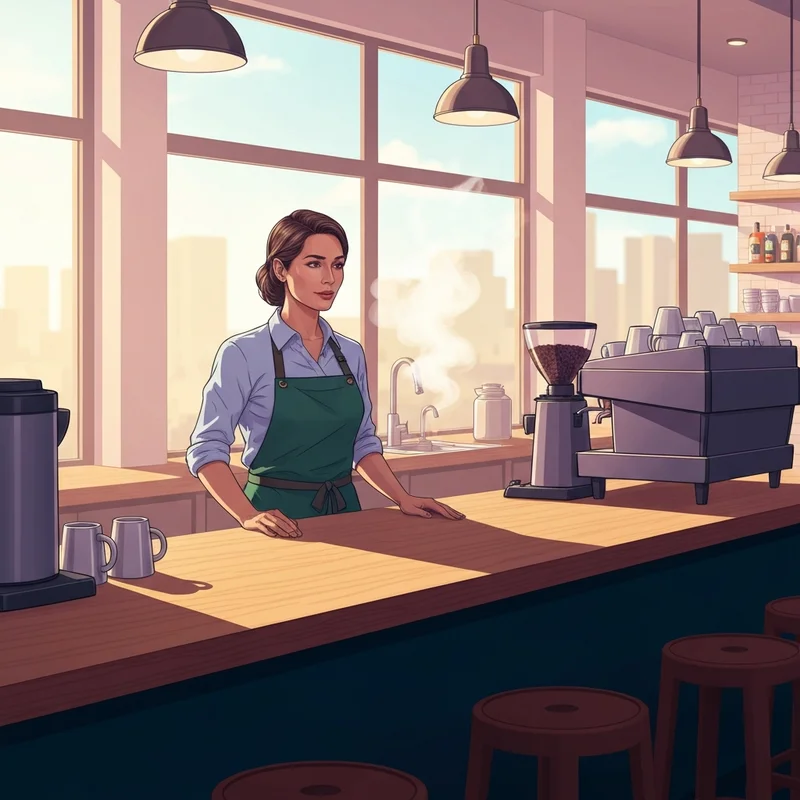 A professional barista wearing a green apron in a modern cafe, symbolizing the lifestyle and starbucks salary potential.
