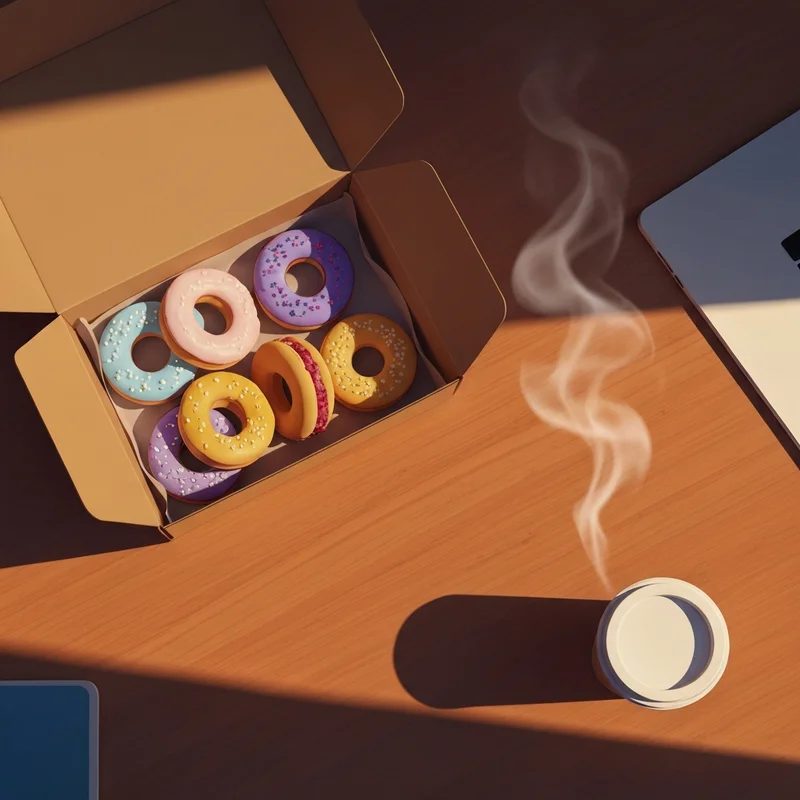 A variety of classic donuts at dunkin arranged in a shared box on an office table.