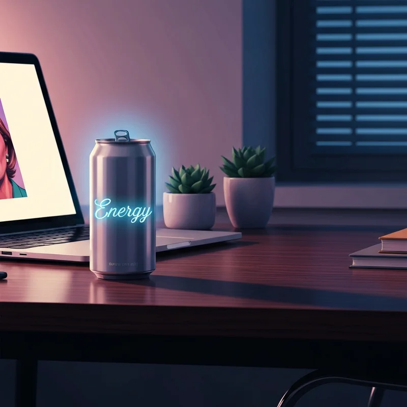 A can of Starbucks doubleshot energy caffeine on a professional desk representing hustle culture.