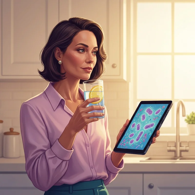 A professional woman reviewing her gut health check results on a tablet in a modern wellness-focused kitchen.