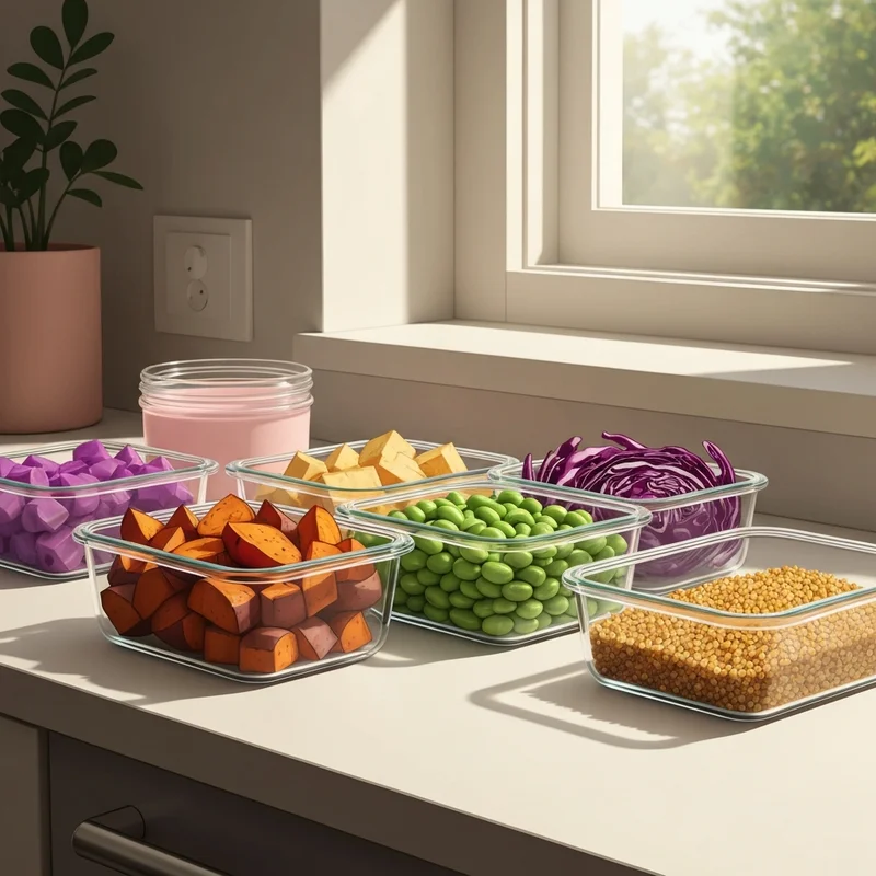 A collection of organized glass containers showcasing vibrant vegetarian meal prep recipes on a clean kitchen counter.