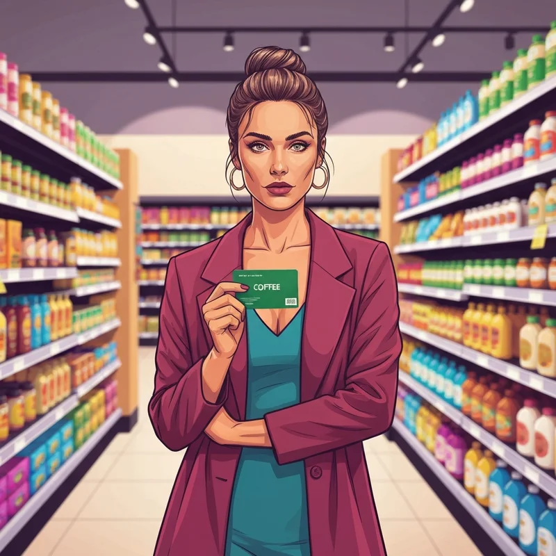 A woman strategically choosing starbucks gift cards at kroger to maximize her fuel points.