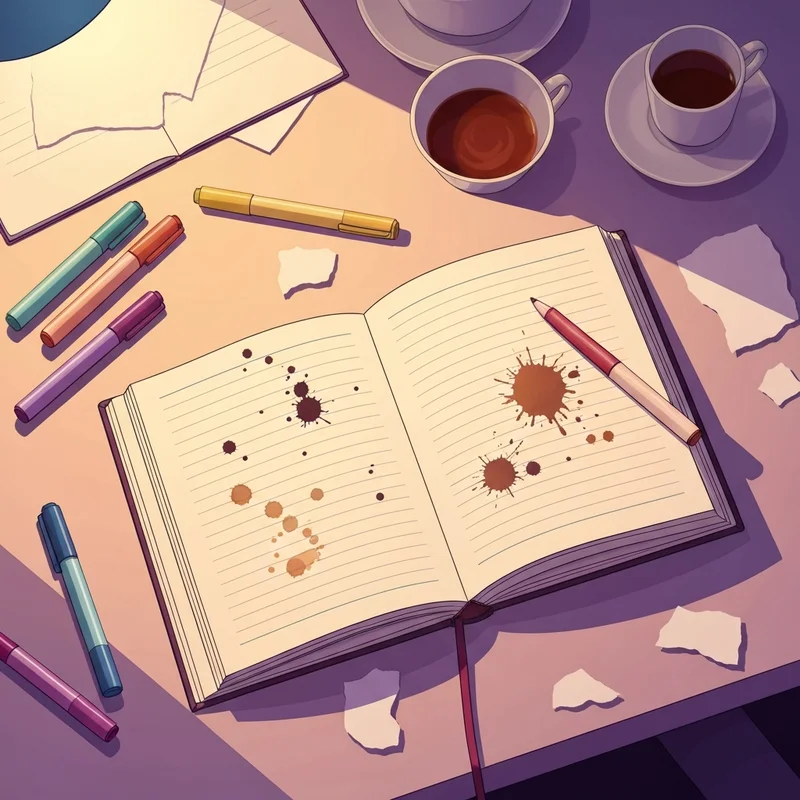 Una vista detallada de un espacio creativo donde se practica destroza este diario con manchas de tinta y papel rasgado.