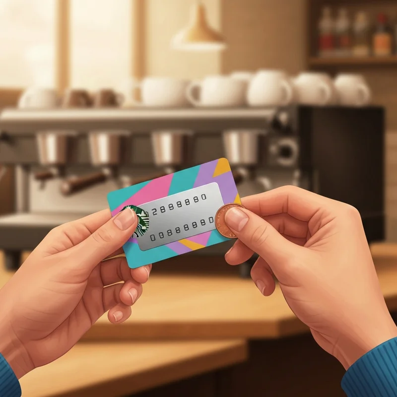 A person scratching a silver panel to reveal the starbucks gift card security code on the back of a card in a cafe.
