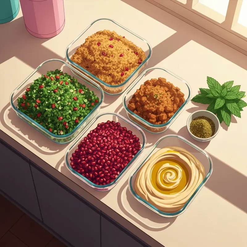 A collection of glass containers showcasing various arabic meal prep ideas with vibrant colors and fresh ingredients.