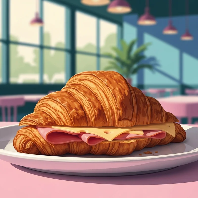 A delicious and warm ham and swiss croissant starbucks on a plate in a cafe.