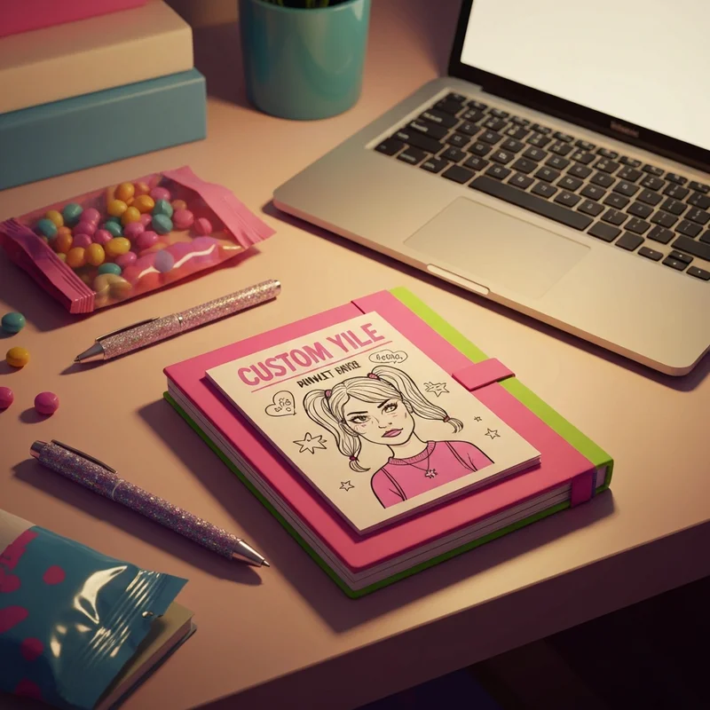 A custom dumb diary movie cover insert placed on a colorful Y2K themed desk with doodles and sparkly pens.