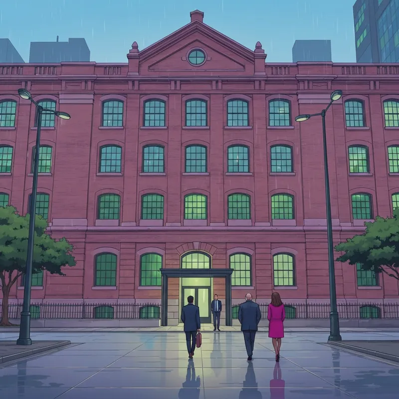 The iconic brick exterior of the starbucks global head office in Seattle during a misty evening.