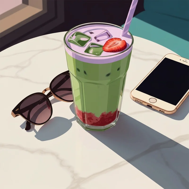 A vibrant layered strawberry and matcha drinks at starbucks on a marble table.