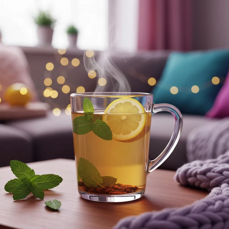 A warm glass mug of tea prepared using the starbucks medicine ball recipe, featuring lemon slices and mint leaves in a cozy home setting.