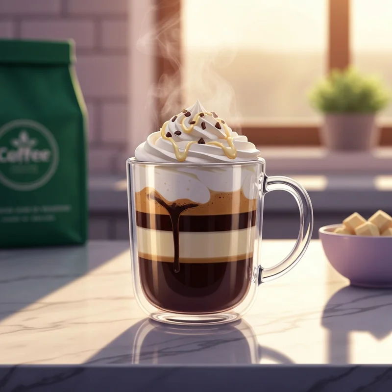 A perfectly layered drink made with a starbucks white chocolate mocha recipe featuring whipped cream and drizzle.