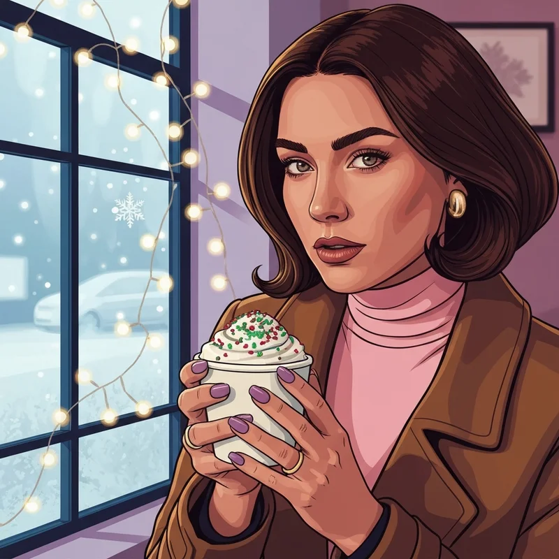 A close up of a hand holding a starbucks sugar cookie latte with festive sprinkles in a cozy winter setting.