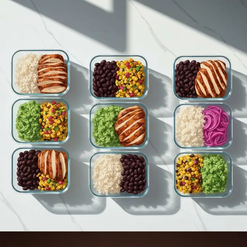 A row of glass containers featuring a healthy burrito bowl meal prep with chicken, rice, and beans.
