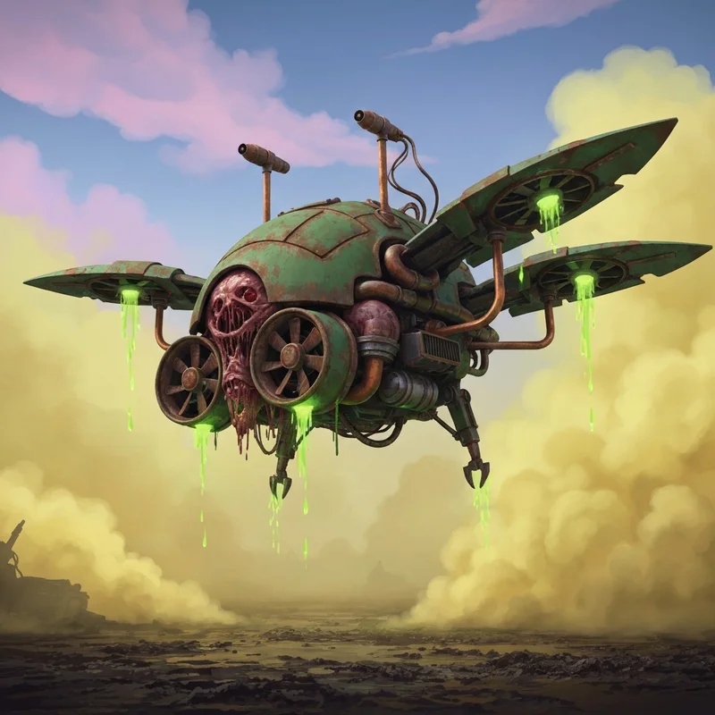 A fully painted and weathered Foetid Bloat-drone hovering in a toxic battlefield environment.