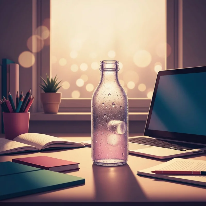 A cold glass bottle showing the aesthetic of bottled starbucks frappuccino caffeine on a study desk.