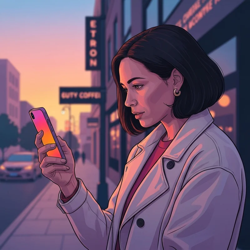 A young person reflecting on ethical choices and whether does dunkin support israel while holding a smartphone in a city setting.