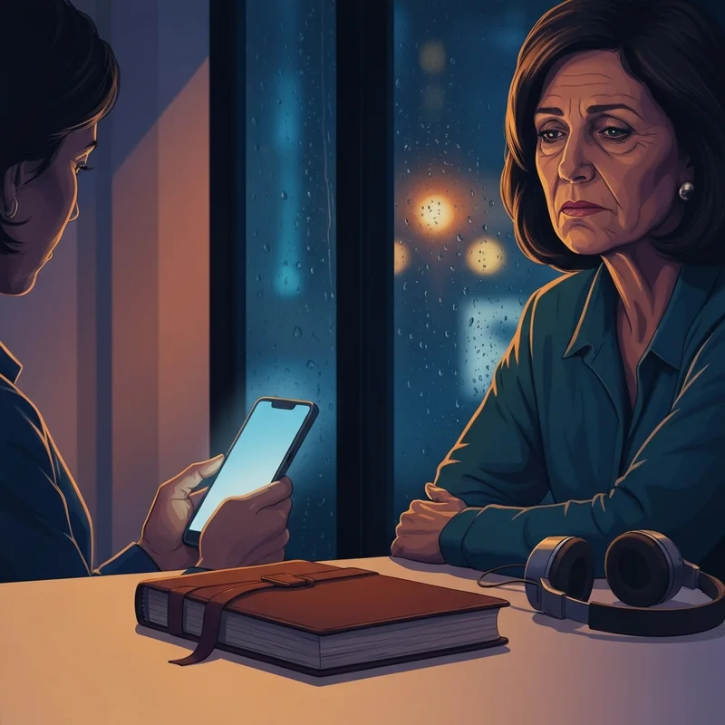 Seseorang sedang merenung sambil mencari lirik diary of jane di ponselnya pada malam hari yang hujan.