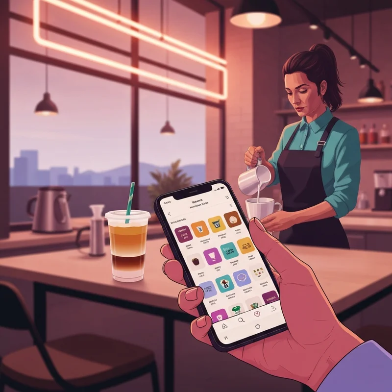 A close-up of a person using a mobile app to place the longest starbucks order in a trendy cafe.