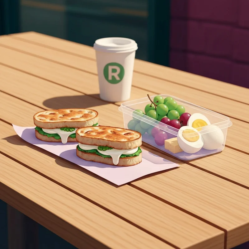 A variety of items from the starbucks lunch menu including a warm mozzarella panini and a fresh protein box on a cafe table.