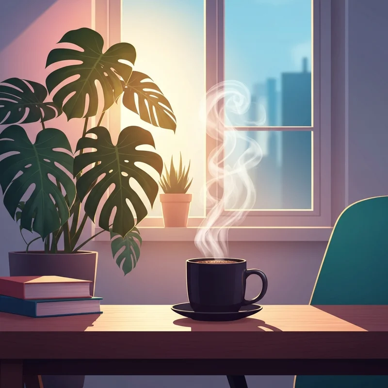 A cozy home office desk setup featuring a steaming mug of coffee brewed from starbucks sumatra k cups.