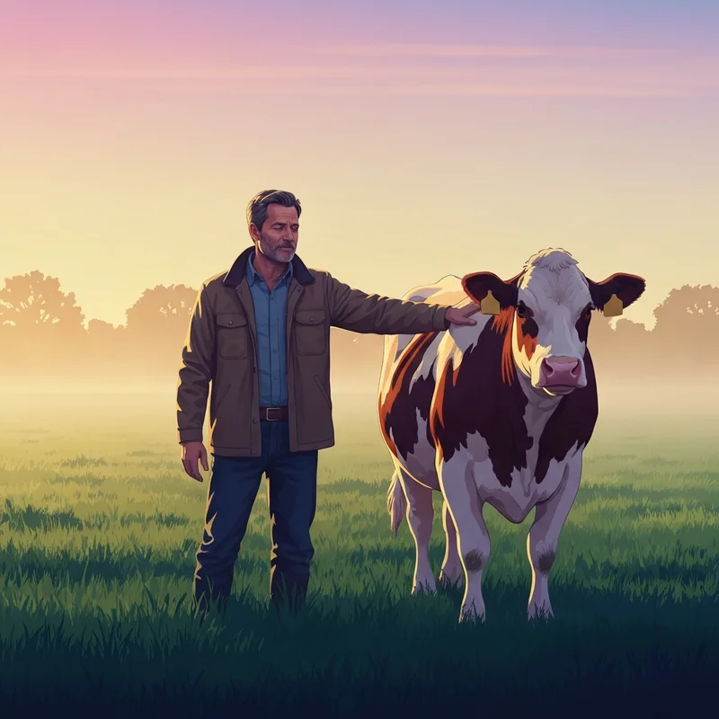 A dedicated farmer checking his herd to prevent bloat in cattle during a misty morning on the ranch.