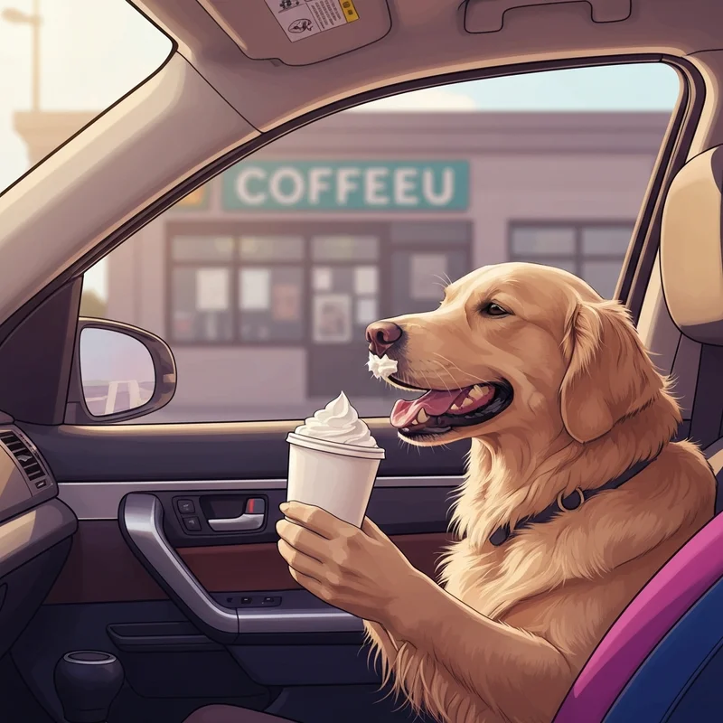 A happy dog enjoying a puppuccino starbucks at a drive-thru window.