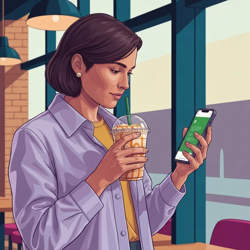 A young woman enjoying starbucks 3 dollar drinks in a modern cafe setting.