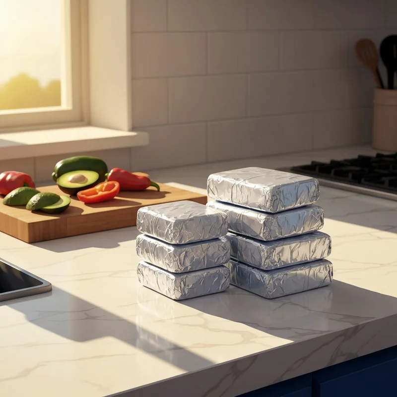A collection of perfectly wrapped meal prep breakfast burritos on a kitchen counter symbolizing organized adulting and morning preparation.