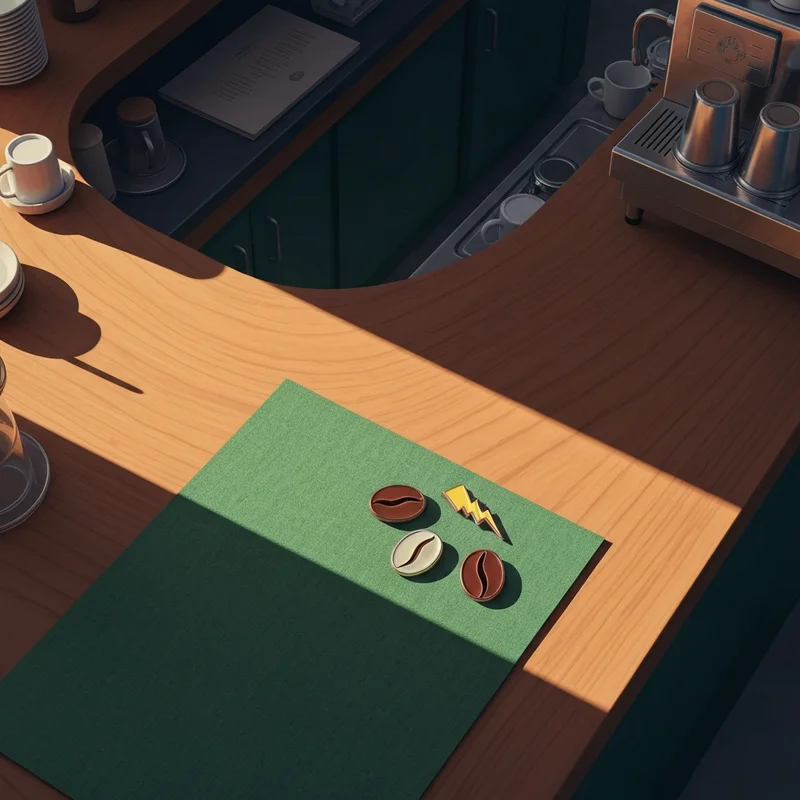 A close-up of high-quality starbucks gear including a green apron and enamel pins on a wooden counter.