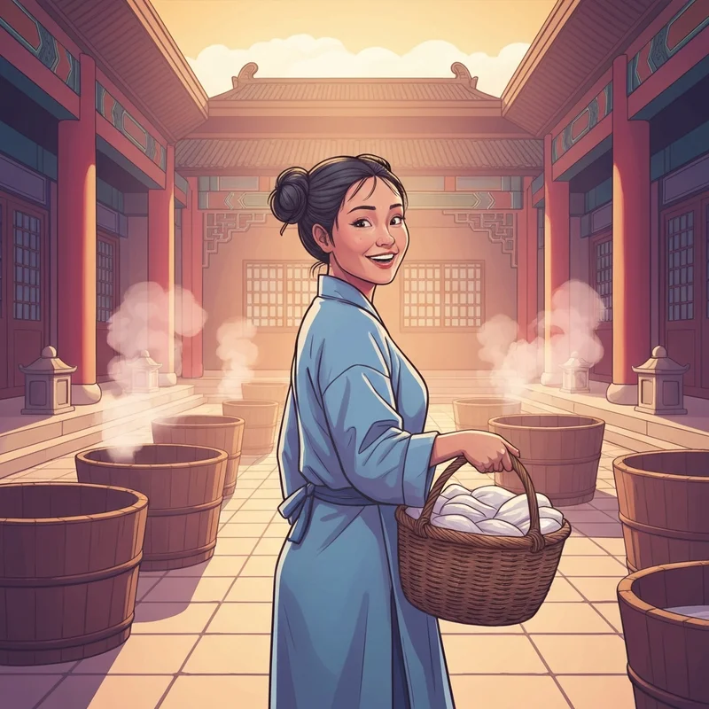 Xiaolan from the xiaolan apothecary diaries standing in the palace laundry room with a basket of linens.