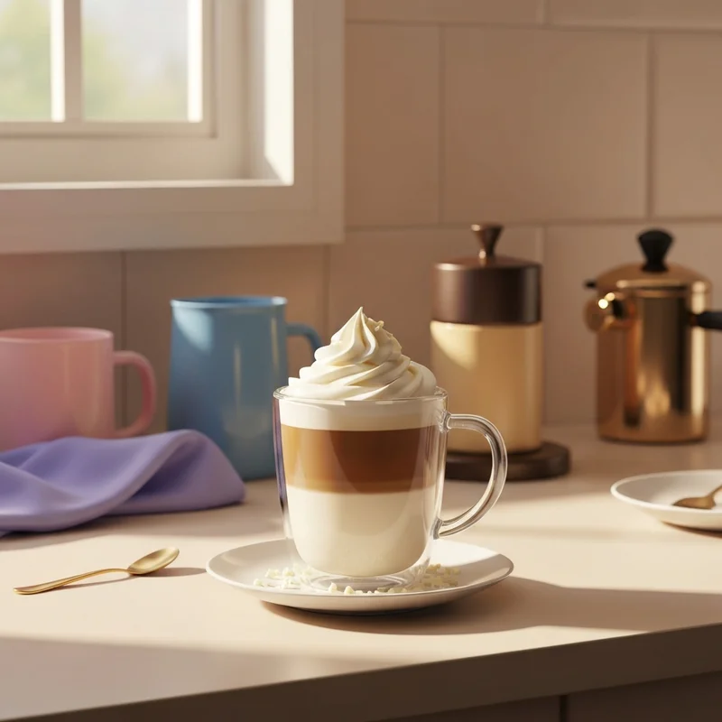 Aesthetic home barista setup used to make starbucks white chocolate mocha with creamy foam and espresso.