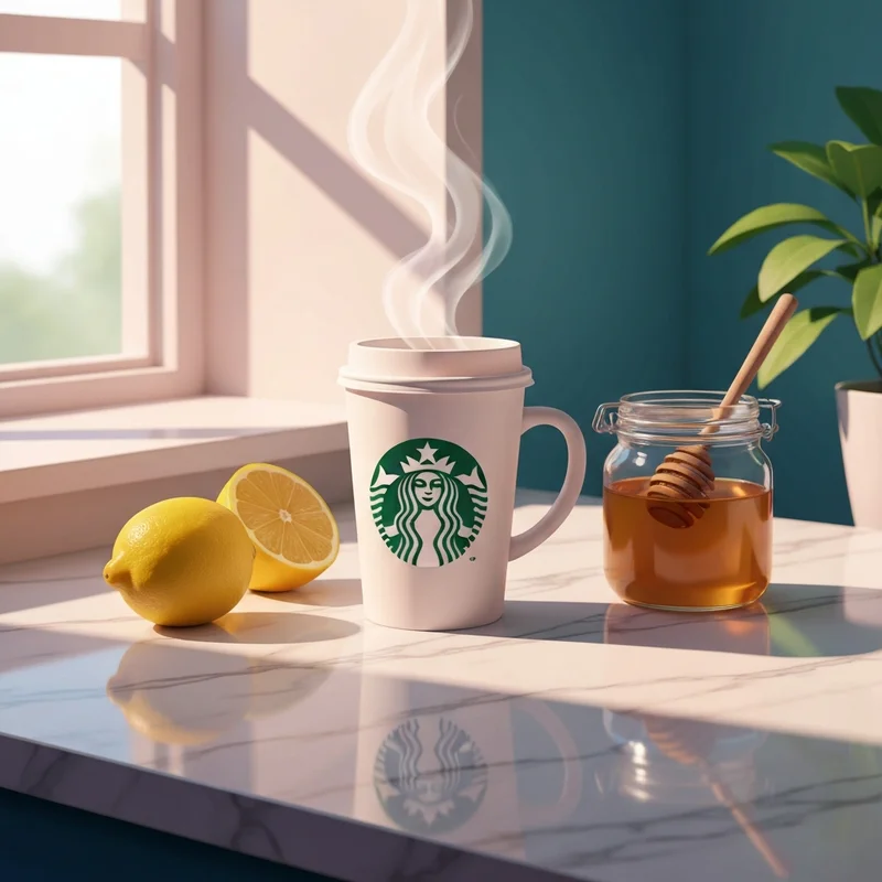 A steaming cup of medicine ball tea from Starbucks sitting next to fresh lemon slices and honey on a warm morning.
