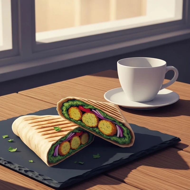 A toasted spicy falafel starbucks wrap showing layers of hummus and herbs.