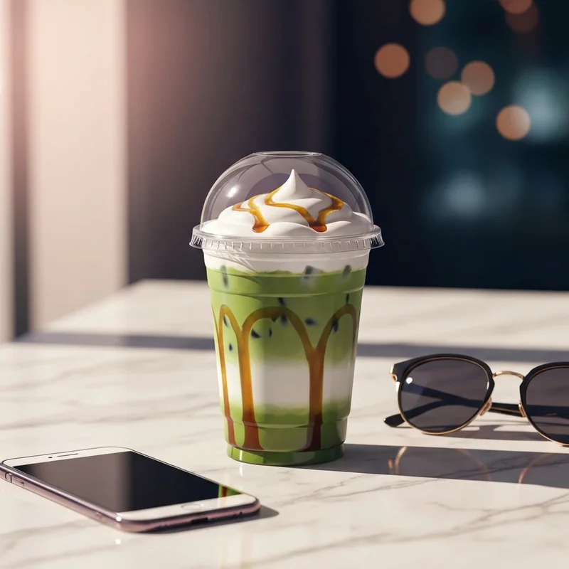 A perfectly layered dunkin donuts matcha drink with sweet cold foam and oatmilk on a marble cafe table.