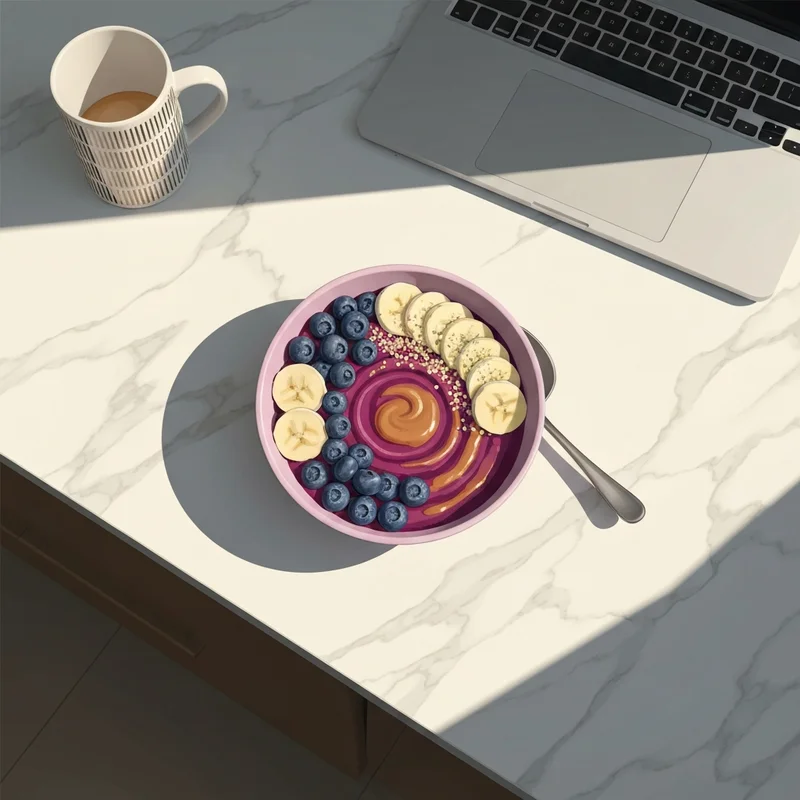 A perfectly prepared and upgraded tattooed chef acai bowl with fresh fruit and nut butter toppings on a marble kitchen counter.
