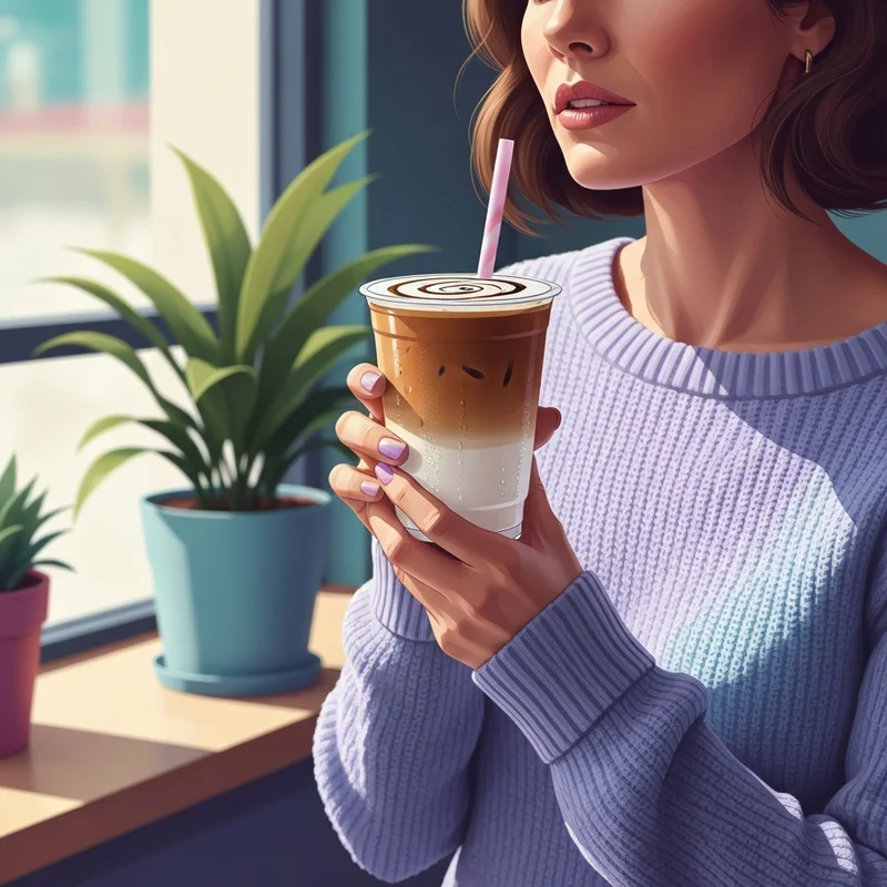 A close-up aesthetic shot of a cereal milk dunkin latte held by a stylish young woman in a cafe.