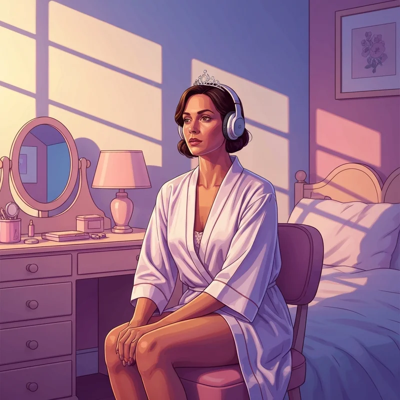 A young woman experiencing a royal glow-up while listening to the princess diaries soundtrack in her bedroom.