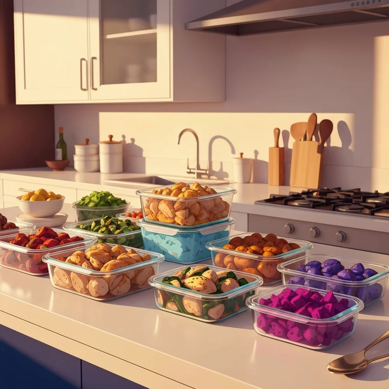 A collection of glass containers showcasing various meal prep chicken ideas for a healthy work week.