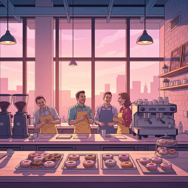 A diverse group of young adults working happily at their dunkin donuts jobs during a busy morning shift.