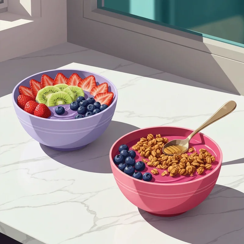 Two vibrant and nutrient-dense smoothie king bowls topped with fresh fruit and granola on a marble table.