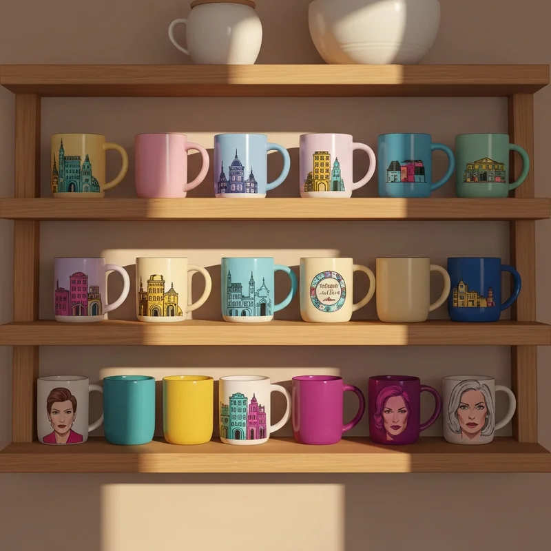 A curated collection of Starbucks You Are Here Mugs displayed on a minimalist shelf.
